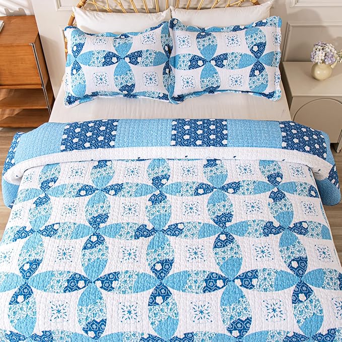 Cmfshape Blue Quilt Sets Bedspread Set 100% Cotton Patchwork Coin Pattern Bedding Set,All Season Use Lightweight Reversible Coverlet Quilts with 2 Pillow Shams(King 106"x96")