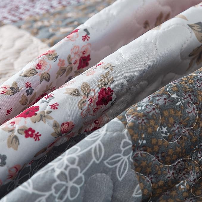 HoneiLife Queen Size Quilt Set - 3 Pieces - Grey Border Microfiber Bedding Set - Lightweight, Reversible Coverlets, Floral Bedding - All Season Quilts