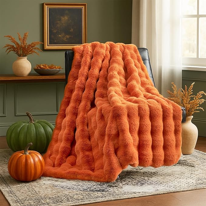 Cozy Bliss Faux Fur Throw Blanket for Couch, Fuzzy Soft Plush Thick Bubble Blanket for Sofa Bedroom Living Room, 50 * 60 Inches Halloween Burnt Orange