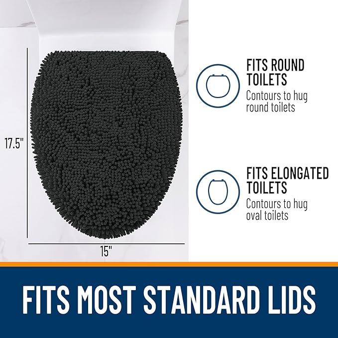 OLANLY Soft Chenille Bathroom Toilet Lid Cover, Machine Washable Seat Covers, 17.5x15, Stays in Place Rubber Backing, Fits Most Round, Elongated and Oblong Lids, Accessories Decor, Black