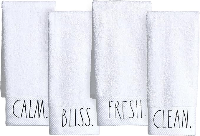 Rae Dunn Hand Towels, Embroidered Decorative Hand Towel for Kitchen and Bathroom, 100% Cotton, White- Fresh/Clean/Calm/Bliss, 16"x 28"