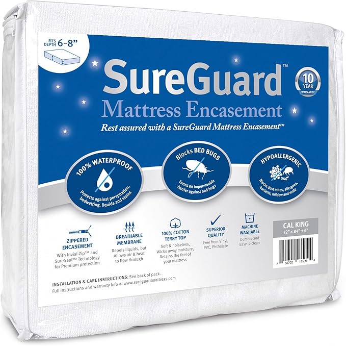 Cal King (6-8 in. Deep) SureGuard Mattress Encasement - 100% Waterproof, Bed Bug Proof, Hypoallergenic - Premium Zippered Six-Sided Cover