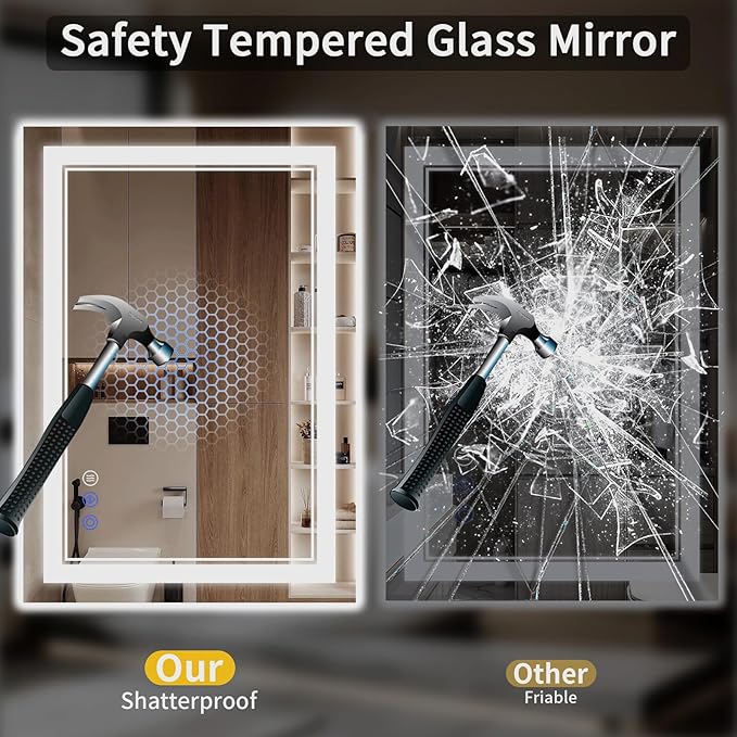 28"x36" LED Bathroom Mirror with Lights, Anti-Fog, Backlit + Front Lit, Dimmable, Led Vanity Mirror for Wall, Lighted Bathroom Mirror, 3 Colors, Shatter-Proof Tempered Glass