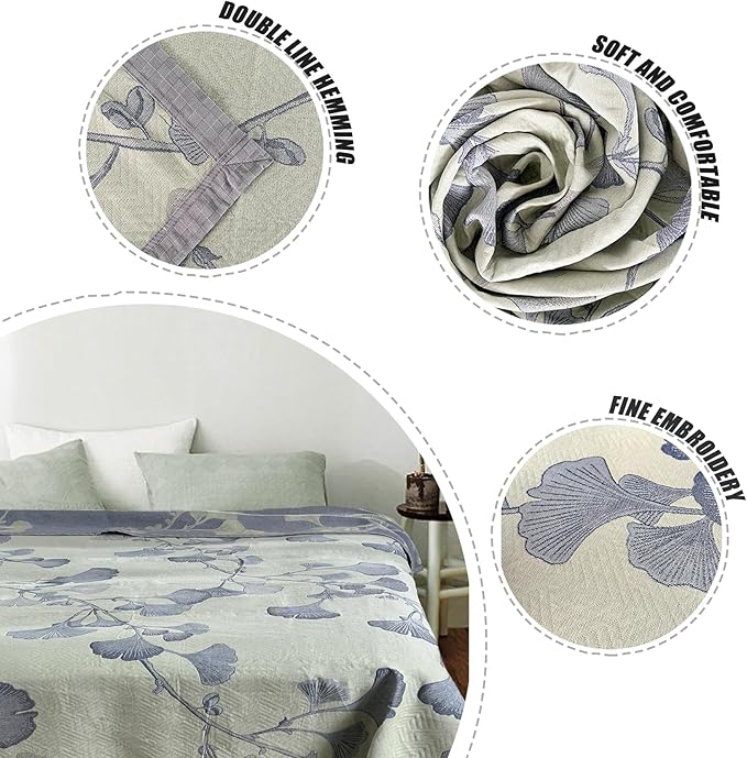 Ginkgo Leaf Cotton Quilt Green Gray Reversible King Size Bedspread Coverlet for All Seasons Lightweight Muslin Quilt Throw Blanket for Bed, Couch(King)