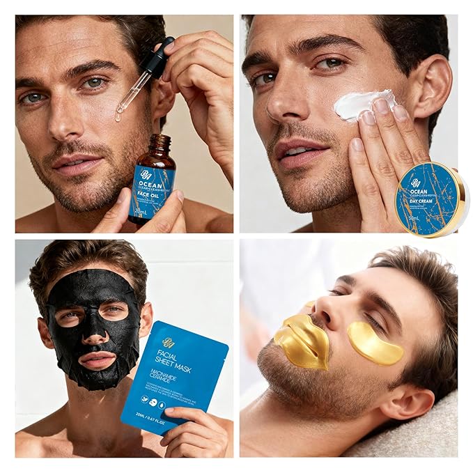 21 Pcs Men Facial Skin Care Set, Luxury Bath & Beard Gift Set for Men, Spa & Self-Care Gift, Clay Mask, Cleanser, Beard Oil, Cologne Present, Birthday, Christmas, Valentines, Father Day, Boyfriend