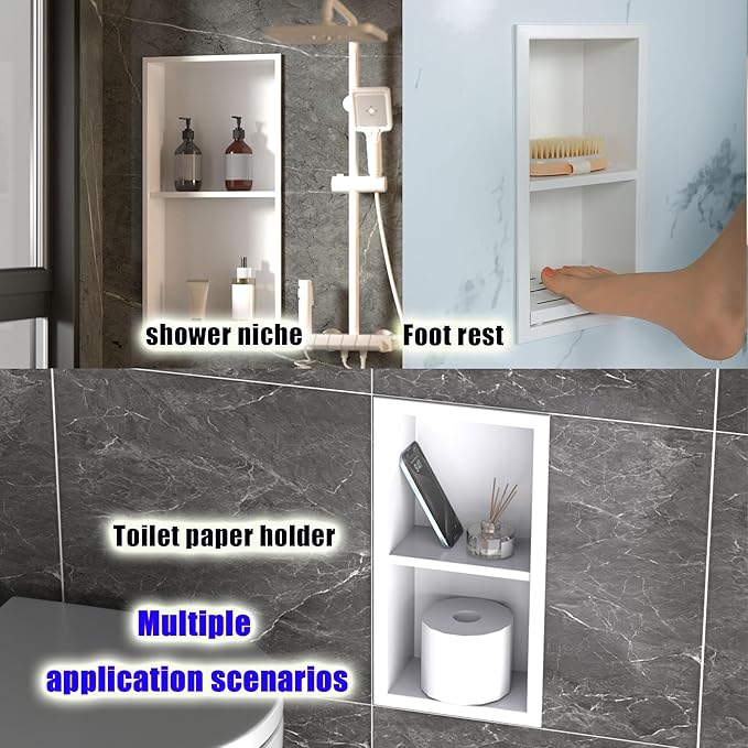 Shower Foot Rest for Shaving Legs,Double Layer Niche for Footrest,Shower Footrest for Insert Wall,Stainless Steel 304，Matte White,12.2 in x 4.8 in x 3.9 in