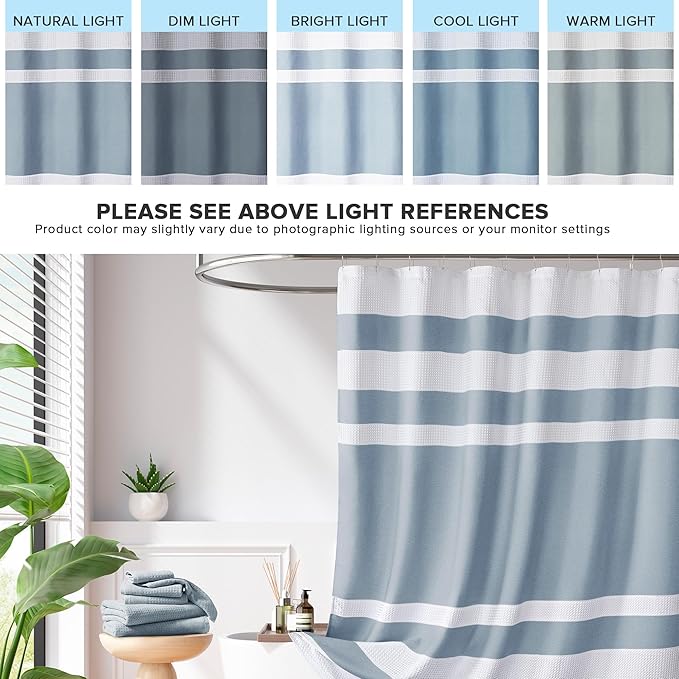 Madison Park Shower Curtain, Waffle Weave, Pieced Design Fabric Shower Curtain with 3M Scotchgard Moisture Management, Premium Spa Quality Modern Shower Curtains for Bathroom, Wide 108"x72" Blue