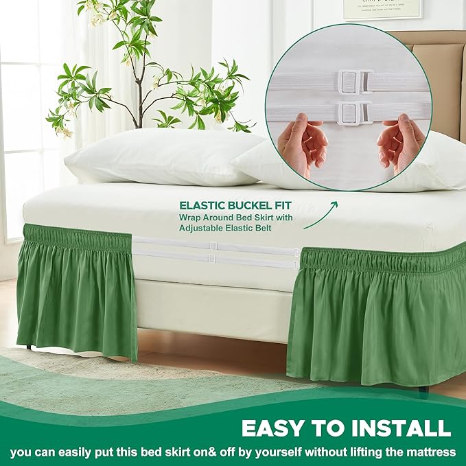 Biscaynebay Wrap Around Bed Skirts for King & Cal King Beds 14" Drop, Sage Adjustable Elastic Dust Ruffles Easy Fit Wrinkle Resistant Silky Luxurious Fabric Machine Washable