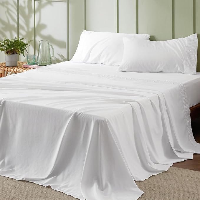 Bedsure California King Sheet Sets - 4 Pieces Soft Cal King Sheets - Breathable & Cooling - Hotel Luxury - Easy Care Polyester Microfiber Bedding for Women, Men, White