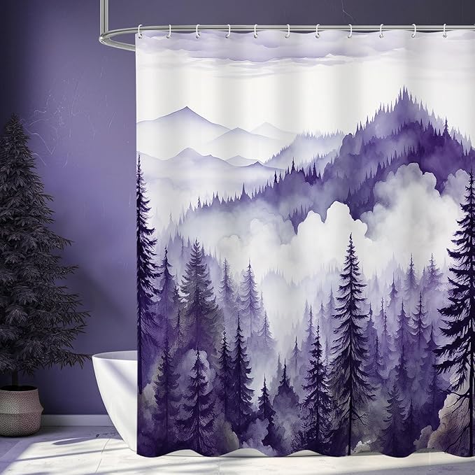 Purple Extra Long Misty Pine Forest Shower Curtain 72 x 84, XL Mountain Foggy Woodland Scenery Tree Shower Curtains for Bathroom, Abstract Waterproof Nature-Themed Decor