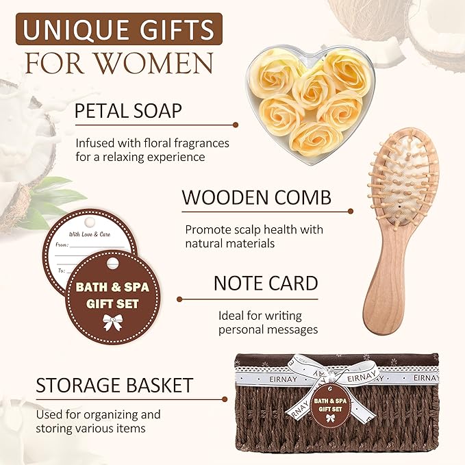 Christmas Gifts For Women - 16 PCS Gift Basket for Women Set of Coconut Vanilla Self Pampering Set, Includes Luxurious Home Spa Shower Gel Bubble Bath