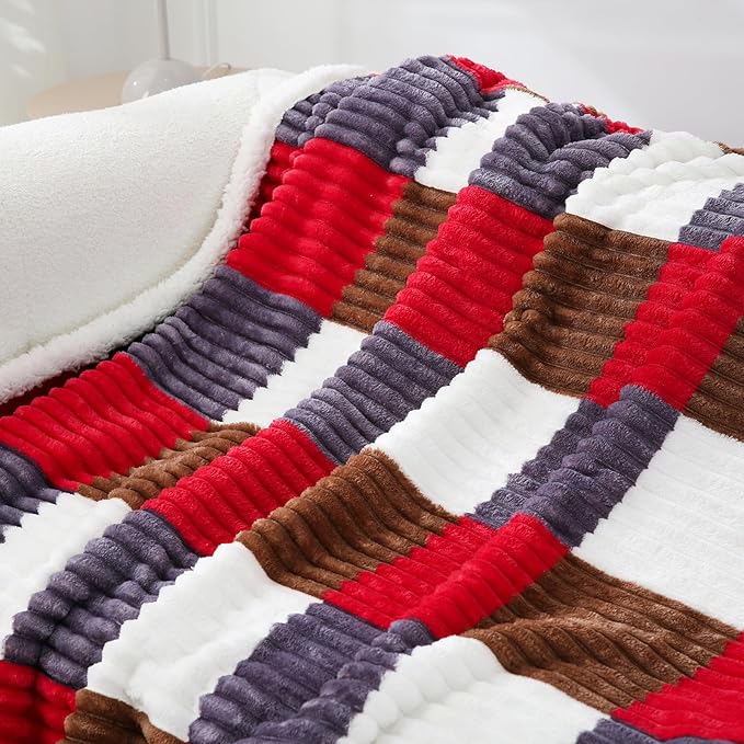 PU MEI Sherpa Blanket Twin Plaid Thick Bed Blanket, 60”*80” Super Soft Flannel Fuzzy Fleece Reversible Velvet Plush Warm Blanket for Couch (Gray Red Check)