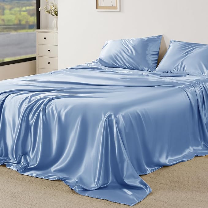 Bedsure Satin Sheets Full Size - 4 Piece Silky Bedsheets with 15 Inches Deep Pocket Fitted Bedsheet,1 Flat Sheet, 2 Satin Pillowcases, Good for Hair & Skin (Full, Sky Blue)