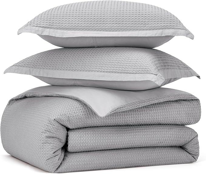 Bedsure Cotton Duvet Cover Queen - 100% Cotton Waffle Weave Grey Duvet Cover Queen Size, GentleSoft™ and Breathable Bedding Set for All Season, 3 Pieces, 90"x90"