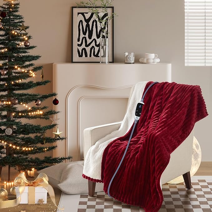 SEALY Heated Blanket Electric Throw, 50"x60" Heating Blanket Throw, 6 Heat Levels & 2-10 Hours Auto-Off Over-Heat Protection, Ribbed Flannel to Sherpa, Machine Washable, Red