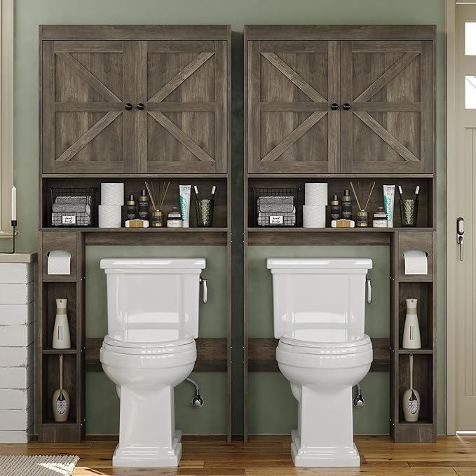 Furniouse Over The Toilet Storage Cabinet 32.3''W Wood Bathroom Storage Cabinet with Doors & Adjustable Shelves Free Standing Toilet Shelf, Gray