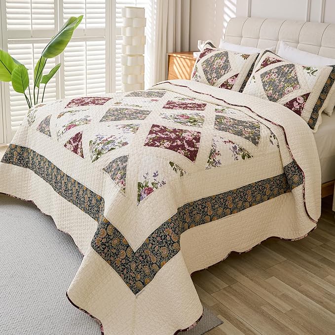 Cmfshape Floral Quilt Sets Bedspread Set 100% Cotton Patchwork Bedding Set,All Season Use Lightweight Reversible Coverlet Quilts with 2 Pillow Shams(King 106"x96")