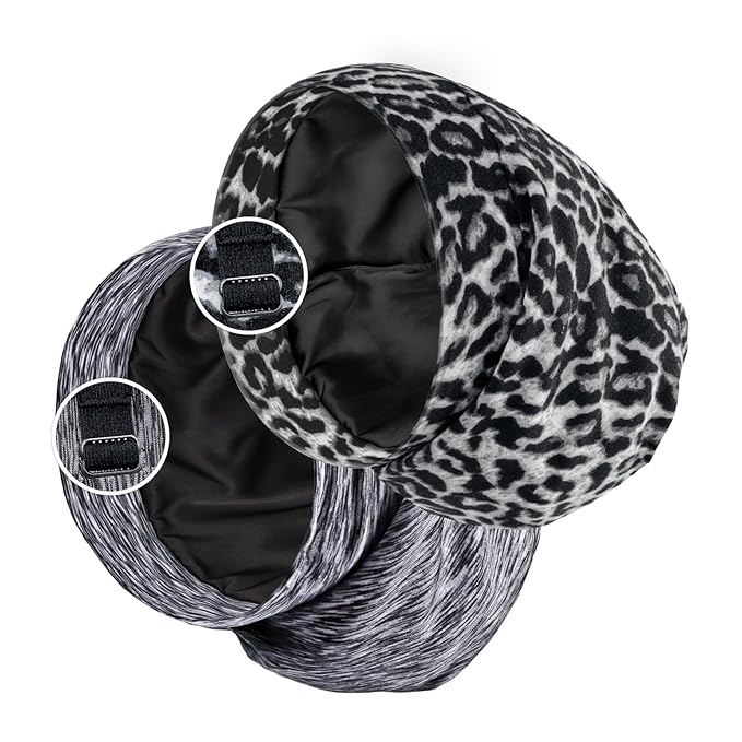Satin Lined Sleep Cap Bonnet for Curly Hair and Braids, Stay On All Night Hair Wrap with Adjustable Strap for Women and Men, Grey and Black Leopard, Pack of 2