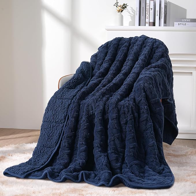 Topblan Weighted Blanket Queen Size 15lbs, Adult Weighted Blankets with Cozy Warm Sherpa for Sleeping and Calming, Jacquard Heavy Blanket for Couch Bed, Navy Blue, 60 x 80 inches