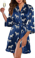 Ekouaer Women's Satin Robes Silk Kimono Bath Robe Short Ruffled Hem Bride Bridesmaid Sleepwear with Pockets