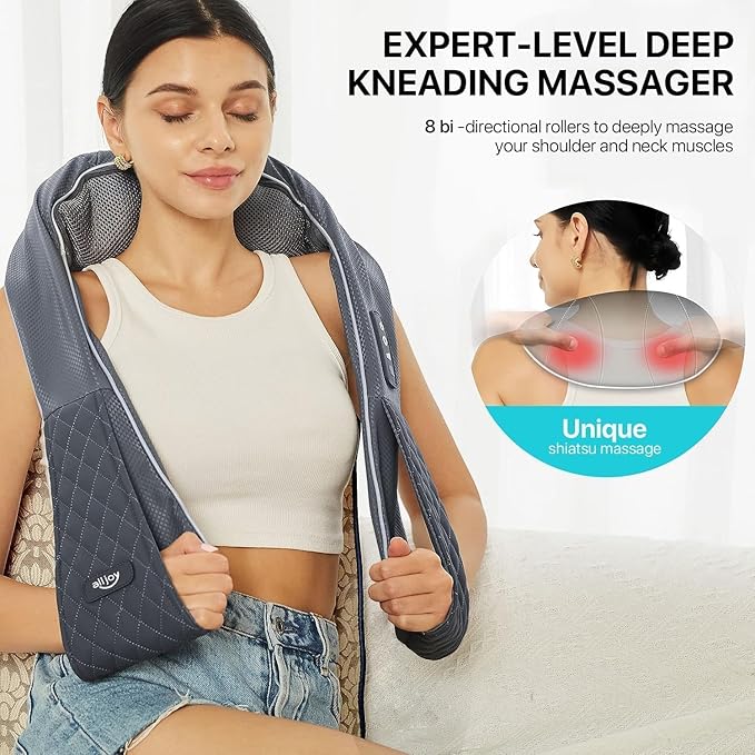 Cordless Shiatsu Neck Massager with Heat – Rechargeable Massager for Neck and Shoulder Pain with 8 Deep Kneading Nodes, Back Massager for Home Office Outdoor - Christmas Gifts for Mom Dad Men Women