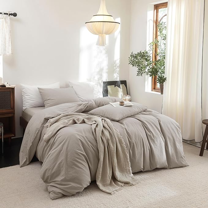 FOSSA Duvet Cover Set 100% Washed Cotton Linen Feel Super Soft Breathable Cozy 3 Pieces Bedding Sets Solid Cream Grey Super King Plus
