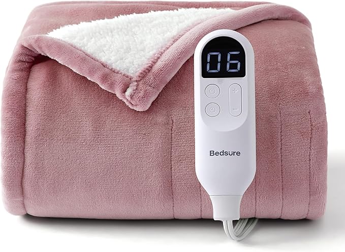 Bedsure Heated Blanket Throw Blanket - Fast Heating Electric Blanket, Soft Flannel Heated Throw with 4 Time Settings, 6 Heating Settings, Warm Gifts for Grandma (50x60 inches, Woodrose)