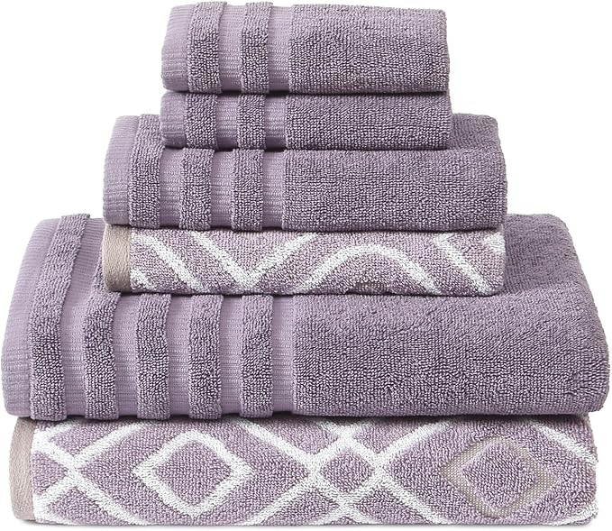 Modern Threads Oxford 6-Piece 100% Cotton Towel Set – Yarn Dyed Jacquard & Solid – Includes 2 Bath Towels, 2 Hand Towels, 2 Washcloths – Absorbent, Quick Dry, Soft & Durable – Lavender
