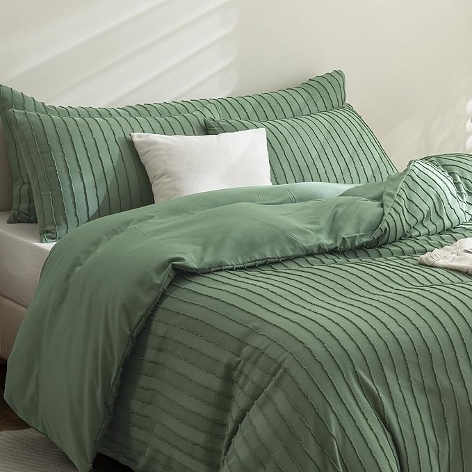 JELLYMONI Duvet Cover Queen Size Green - 3PCS Boho Striped Duvet Cover Set Polyester Tufted Bohemian Textured Comforter Cover 90×90in with Corner Ties & Zipper and 2 Pillowcases