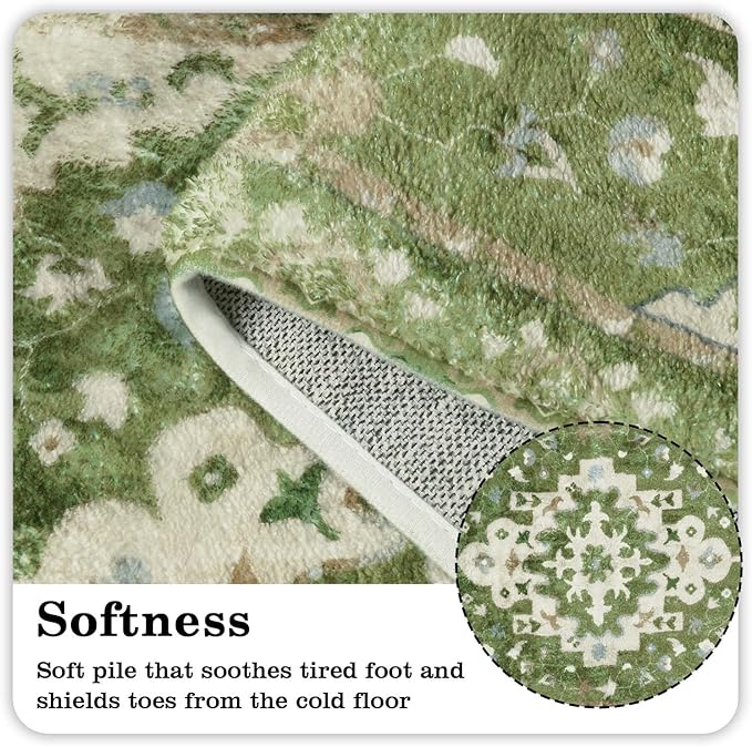 Uphome Boho Retro Large Bathroom Rugs Sage Green Non-Slip Soft Bedroom Runner Rug Oriental Floral Machine Washable Kitchen Rug Cute Farmhouse Floral Carpet for Hallway Laundry Kids Room, 24x59 inch