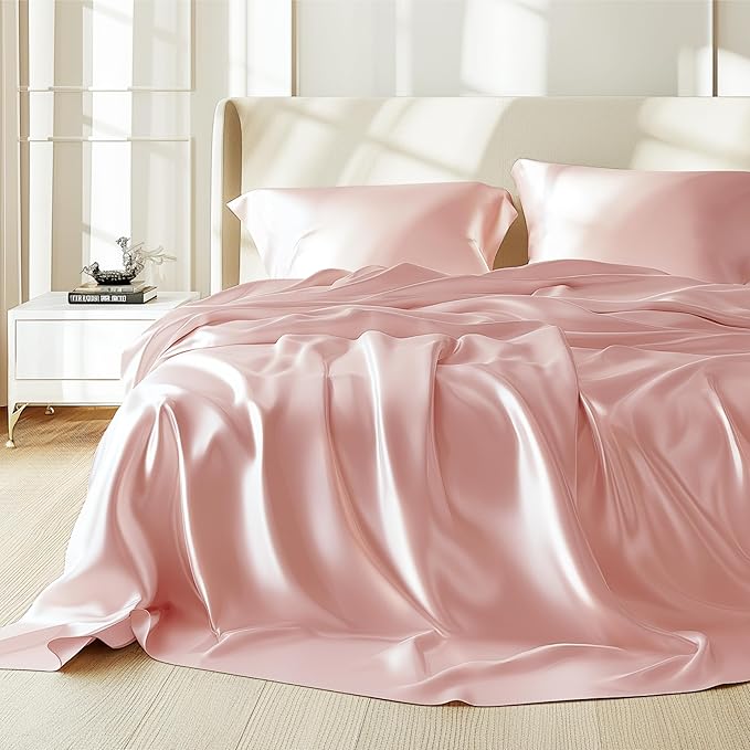 Bedsure Pink Satin Sheets King Size - 4 Piece Silky Bedsheets with 15 Inches Deep Pocket Fitted Bedsheet,1 Flat Sheet, 2 Satin Pillowcases, Good for Hair & Skin (King, Pink)