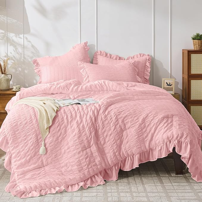 JOLLYVOGUE Pink Comforter Full Size, 3 Pieces Seersucker Lightweight Full Size Bedding, All Season Fluffy Microfiber Bedding Comforter Set with 1 Ruffle Comforter and 2 Ruffle Pillowshams