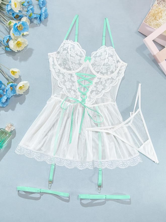 Lilosy Sexy Garter Belt Mesh Lace Babydoll Lingerie Dress Set with Thong