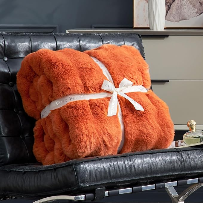 Cozy Bliss Faux Fur Throw Blanket for Couch, Bubble Plush Blanket King Size, Fuzzy Soft & Thick Blanket for Fall Bed Sofa Living Room, 108x90 Inches Halloween Burnt Orange