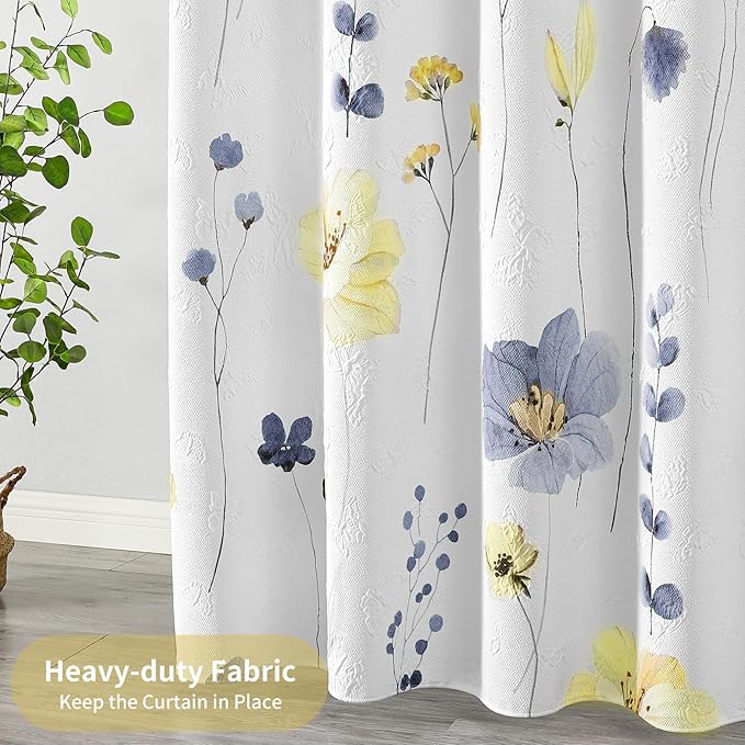 QiyI Extra Long Shower Curtain 72 x 84, Modern Watercolor Floral Shower Curtain, 3D Embossed Blue Yellow Flower Cloth Bathroom Curtain, Waterproof Fabric Farmhouse Bath Curtain Set with Hooks