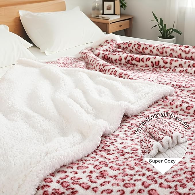 Electric Heated Blanket Full Size 72×84, 10H Auto Off & 6 Heating Settings Fluffy Ultra Soft Warmth Lightweight Cozy Plush Sherpa Machine Washable, Fast Heating, Home Office Leopard Print Pink & White