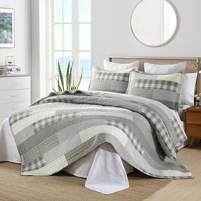 Y-PLWOMEN Quilts Queen Size - 100% Cotton Grey Queen Quilt Farmhouse Plaid Quilted Bedspread, 3 Pieces Lightweight Reversible Queen Size Quilt Bedding Set for All Season