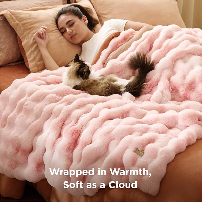 Bedsure GentleSoft Fluffy Faux Fur Blanket Twin Size, Fuzzy Soft Bubble Blanket for Couch, Faux Fur Decor for Home Bedroom Living Room, Thick Furry Cozy Gifts for Women, Tie-dye Pink, 60x80 Inch