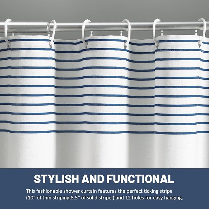 Awellife Navy Blue Shower Curtain for Bathroom Stripe Tassel Shower Curtain 84 X 72 Inches Farmhouse Cotton Wide