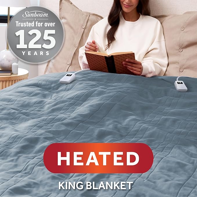 Sunbeam Electric Royal Luxe Microplush Heated Blanket, 12 Heat Settings, 12-Hour Auto Shut-Off, Fast Heating, Warm and Cozy, Cadet Blue Color, King (90" x 100")