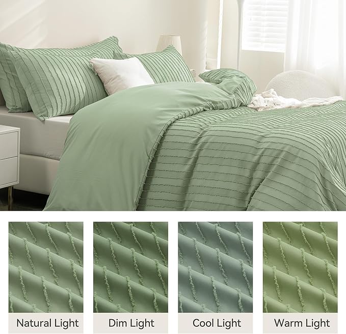 JELLYMONI Duvet Cover Full Size Light Green - 3PCS Boho Striped Duvet Cover Set Polyester Tufted Bohemian Textured Comforter Cover 80×90in with Corner Ties & Zipper and 2 Pillowcases