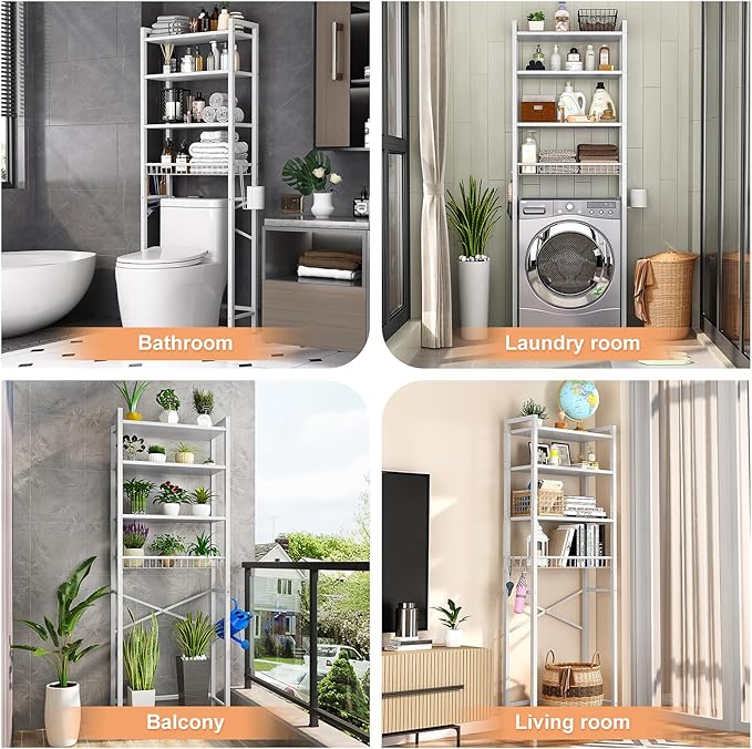 Over-The-Toilet Storage Rack, 4-Tier Bathroom Organizer Shelf Over Toilet with Adjustable Shelf and Basket, Freestanding Space Saver Bathroom Shelves Above Toilet for Room (Pure White)