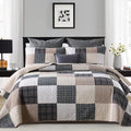 Y-PLWOMEN Quilts Queen Size, 100% Cotton Queen Quilt Set, Brown Khaki Black White Patchwork Plaid Queen Size Bedspread, Lightweight Reversible Soft Summer Quilt Bedding Set, 3-Pieces
