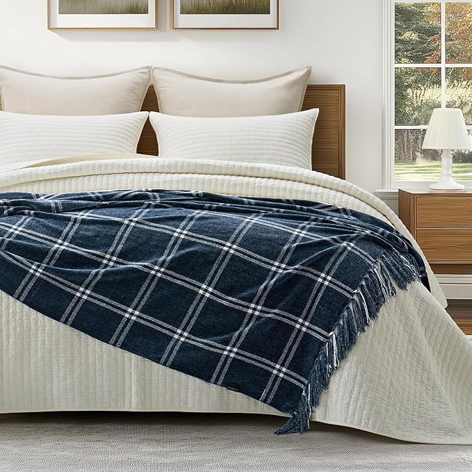 EVERGRACE Plaid Chenille Throw Blanket for Couch, Super Soft Cozy Decorative Windowpane Grid Plaid Throw with Tassels, Lightweight Chenille Knit Throw for Bed Sofa Gift, Navy & White 60”x80”