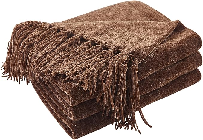 CozeCube Chenille Throw Blanket for Couch, Cozy Plush Fuzzy Decorative Dark Brown Blanket with Fringe Tassels, Lightweight Throws for Bed Sofa Gift Home Decor, 50"X60"