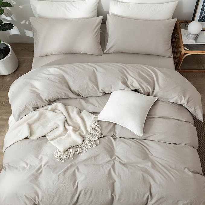MooMee Bedding Duvet Cover Set 100% Washed Cotton Linen Like Textured Breathable Durable Soft Comfy (Heathered Cream Grey, King 104"x90")