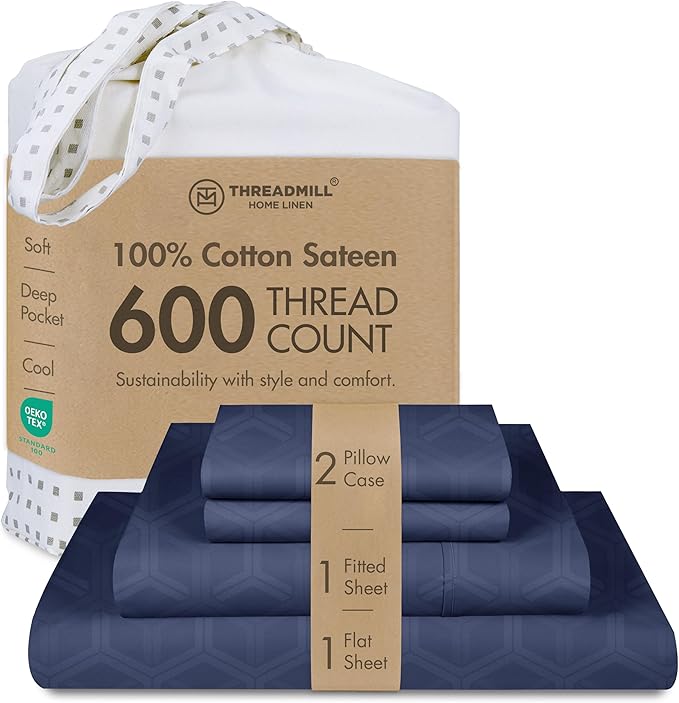 Threadmill 100% Cotton Sheets for Queen Size Bed - 600 Thread Count Queen Bed Sheets Set with 16” Deep Pocket - Jacquard Sateen Weave 4-Piece Bedding Set with Cooling Effect, Folkstone Blue