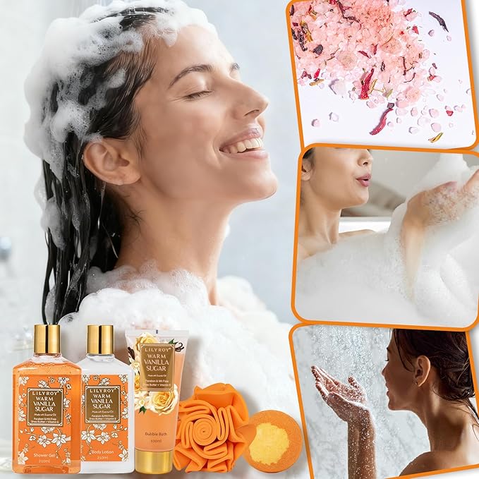 Christmas Gifts for Women - 7 Pcs Vanilla Sugar Bath and Body Gift Basket Set for Women, Spa Gift Baskets Set | Valentine's, Birthday, Mothers Day Gifts for Mom, Perfect Gift for Her All Occasion