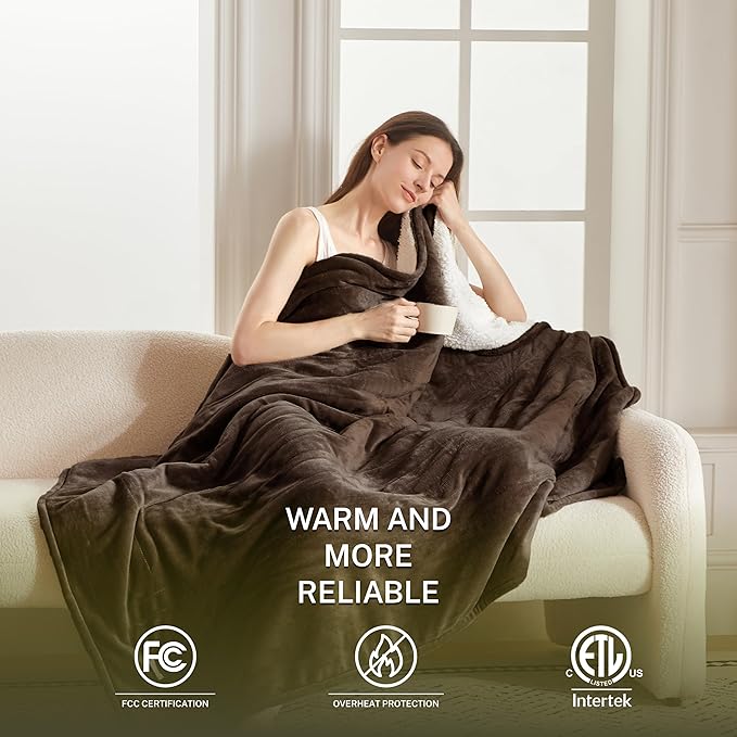 Heat Blanket 50”x60” Throw,Soft Flannel & Sherpa Reversible Electric Blanket with 10 Heat Settings,12 Timer Setting and 3 Hours Auto-Shut Off,ETL Certified Machine Washable,Dark Brown