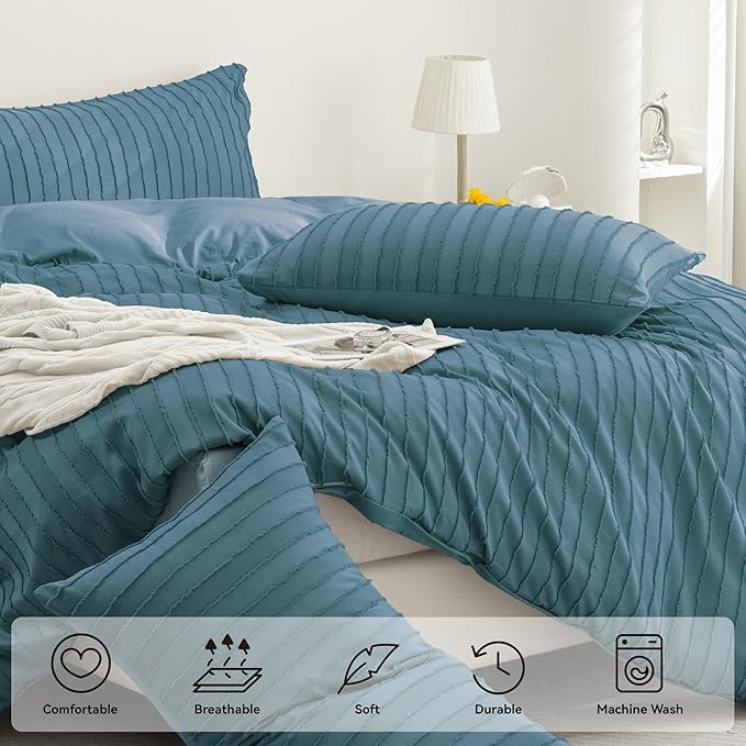 JELLYMONI Duvet Cover King Size Grayish Blue - 3PCS Boho Striped Duvet Cover Set Polyester Tufted Bohemian Textured Comforter Cover 104×90in with Corner Ties & Zipper and 2 Pillowcases